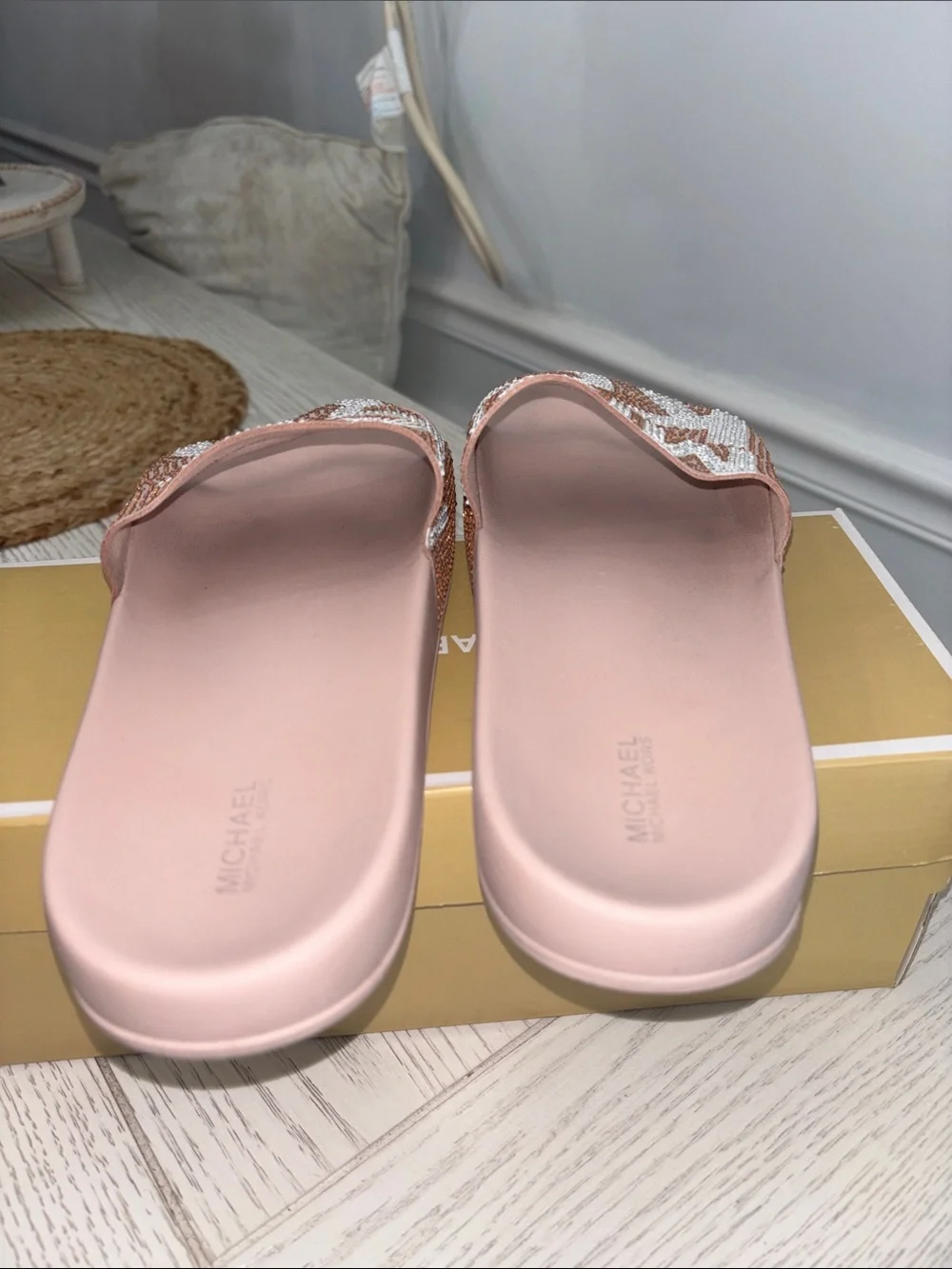 Michael Kors Gilmore Pink Logo Crystal Slide Sandals